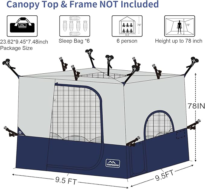 KAMPKEEPER Camping Cube, Converts 10'x10' Straight Leg Canopy into Inner Pop Up Tent, with 1 Dog Hole–Fully Vented Roof(Canopy & Frame NOT Included), Navy Blue