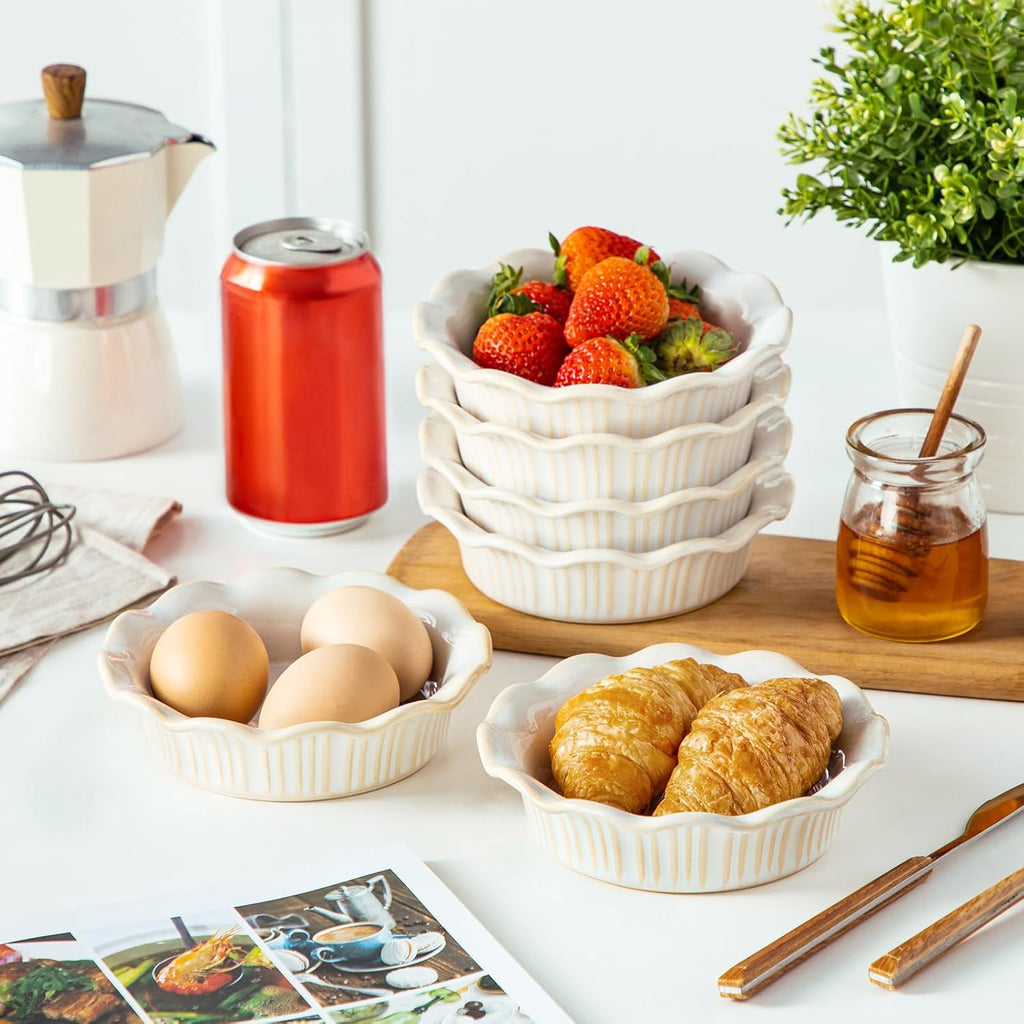 vancasso Mini Pie Pans Set of 6, 5.2 Inch Ceramic Deep Dish Pie Plates with Ruffled Edge for Baking, Microwave & Oven Safe, White