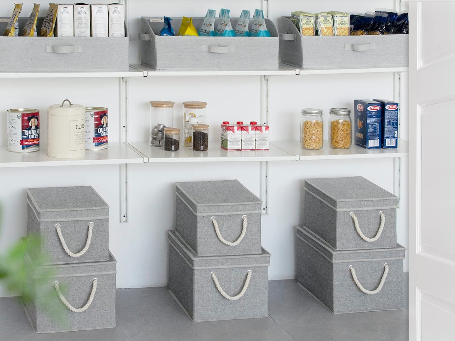 StorageWorks Large Storage Bins with Lids, Decorative Storage Boxes with Lid and Soft Rope Handles, Foldable Storage Baskets for Closet, Shelves, Stackable, Gray, 3-Pack