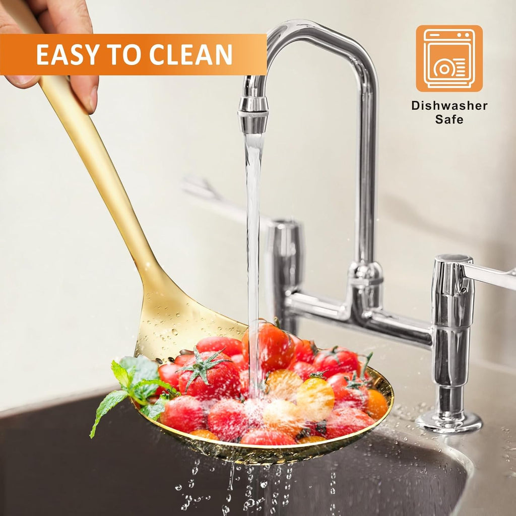 Large Gold Serving Slotted Spoon, 304 Stainless Steel Set, Stainless Steel Soup Ladle Spoon, Metal Gravy Ladle, Solid Slotted Spoon for Mixing, Serving, Stirring, Salad, Soup, 14 Inch