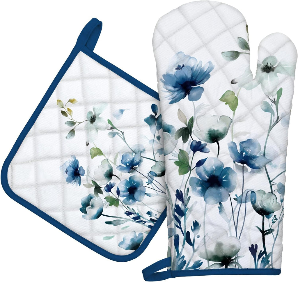 Blue Watercolor Flower Oven Mitts and Pot Holders Sets 100% Cotton Heat Resistant, Extra Long Oven Gloves Potholder for Kitchen Cooking Baking Housewarming