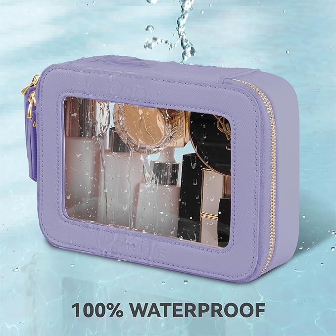 Prite Clear Makeup Bag Cosmetic Organizer Case Waterproof Travel Toiletry Bag Skincare Pouch with Golden Zipper(Violet)