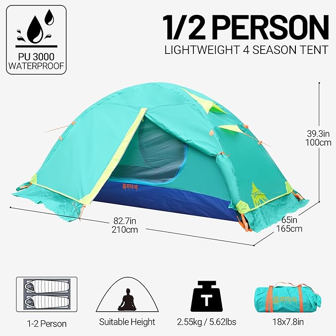 Himalaya 1/2 Person Camping Tent, 4 Season Tent Backpacking Winter Tent Waterproof Windproof Lightweight Portable PU5000 for Outdoor Camping Cold Weather Hiking Mountaineering