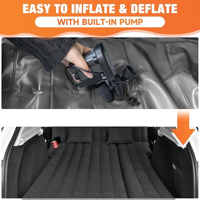 SUV Air Mattress: Inflatable Car Air Mattress for Camping, Flocking Car Bed with Air Pump & 2 Pillows, Portable Sleeping Pad Mattress for Home Car Travel Camping Black