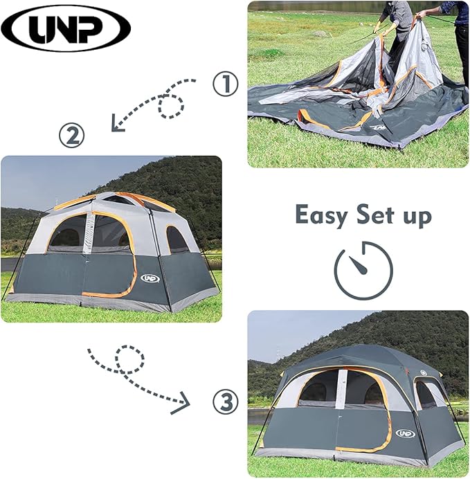 UNP Tents 6 Person Waterproof Windproof Easy Setup,Double Layer Family Camping Tent with 1 Mesh Door & 5 Large Mesh Windows -10'X9'X78in(H)
