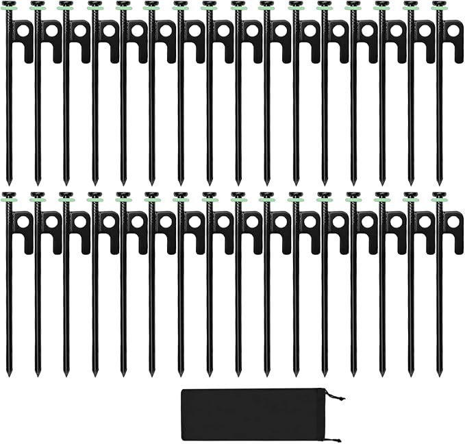 32Pcs Tent Stakes, 8in Heavy Duty Tent Stakes with Storage Pouch, Forged Steel Tent Sakes Metal, Metal Stakes for Tent Used on Grassland, Snowfield, Dessert(32Pcs, 8in, Diameter 1/4")