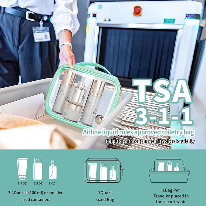 TSA Approved Travel Toiletry Bag,3 Pack Clear Makeup Bags with Handles,Quart Size Clear Cosmetic Bags for Traveling Women,Men,Carry on Airport Airline Compliant Bag,Green