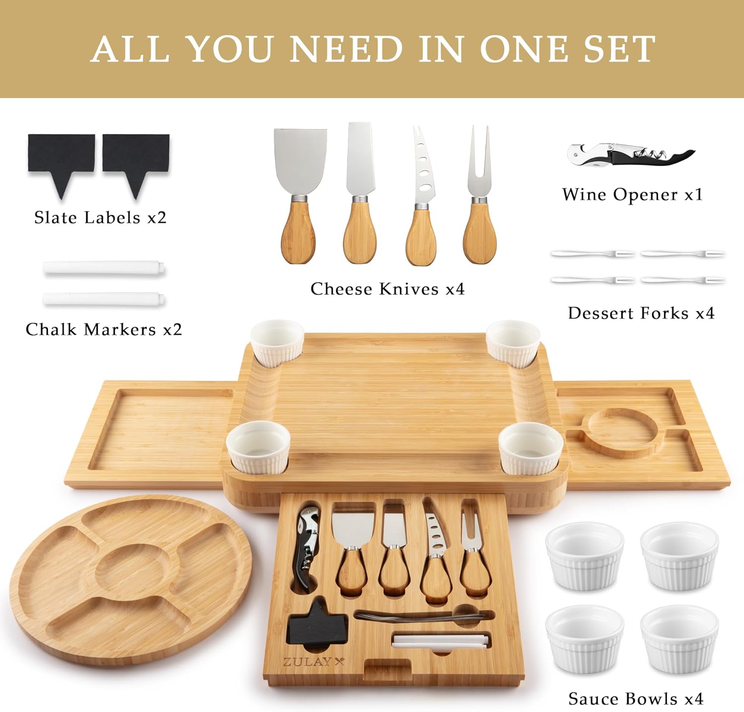 Zulay Kitchen Deluxe Bamboo Cheese Board Set - Extra Thick Bamboo Charcuterie Board Set with 4 Piece Knife Set - Wooden Cheese Board is Perfect for Charcuterie, Wine and Cheese - Luxe