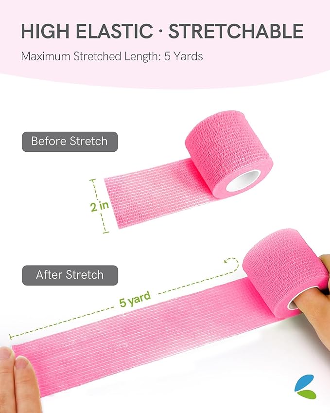FriCARE Self Adhesive Bandage Wrap, Medical Tape in First Aid Kit, Cohesive Bandages for Wounds Sport Vet, FSA/HSA Eligible, 2 Inches X 5 Yards 6 Rolls, Fluorescent Pink