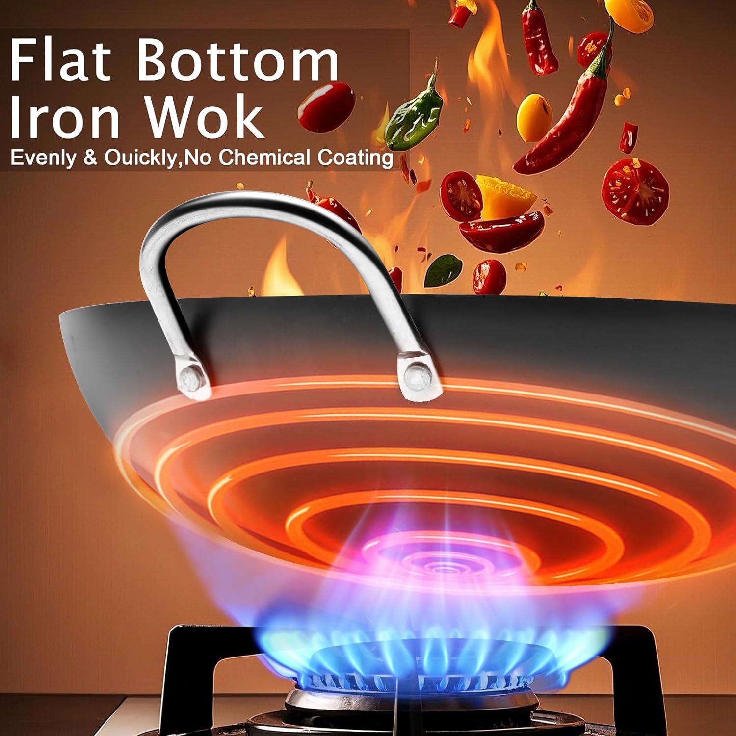 WANGYUANJI Iron Wok,12.59 inch Woks for Stir-fry, Chinese Stir Fry Pan Uncoated, Traditional Flat Bottom Iron Pot for Induction, Electric, Gas, Suitable for All Stoves(Pure Iron Wok)