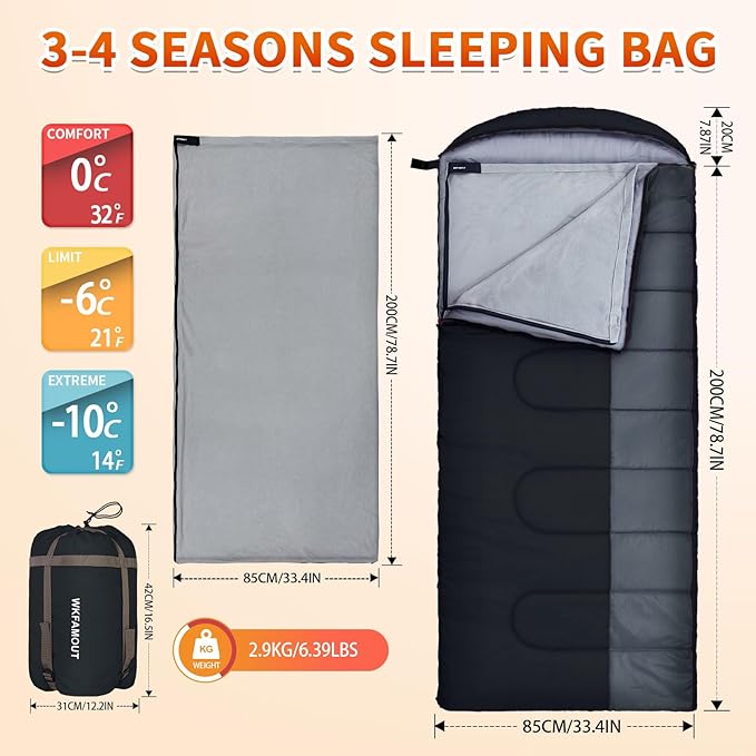 XL 10 Degree Sleeping Bags Waterproof for Adults 350GSM Machine Washable with Compression Sack for 3-4 Season Camping Outdoor