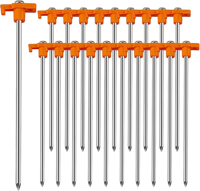 20 Pcs Tent Stakes Heavy Duty Ground Stake for Camping, 10 Inch Galvanized Non-Rust Metal Tent Pegs Tent Spikes Yard Stakes for Outdoor Canopy Garden Hiking -Orange