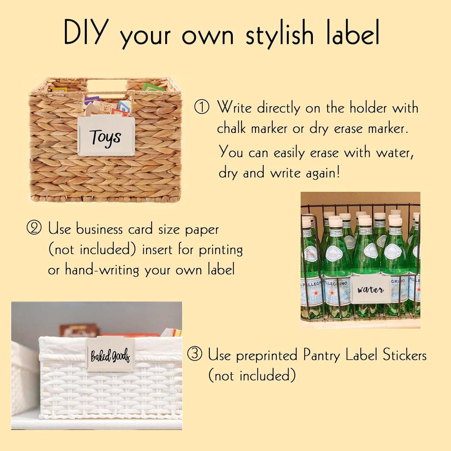 Basket Labels Clip on | Label Holders for Basket or Storage Bins Includes White Chalk Markers (8 Cream Holders + 2 Black Chalk Makers)