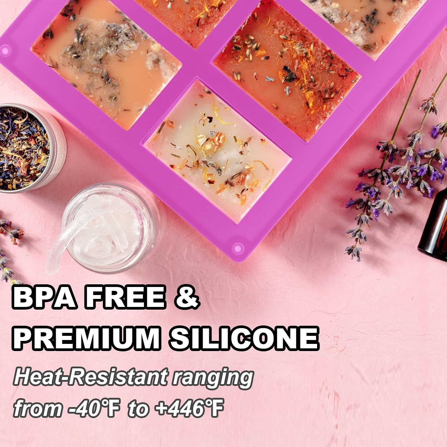 2 Pack Silicone Soap Molds, 6 Cavities Rectangle Silicone Soap Molds, Great for Homemade Craft Soap Mold, Chocolate Mold, Cake Mold ＆ Ice Cube Tray - Just Pop Out（Purple)