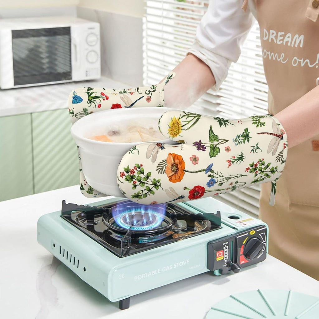 Vintage Floral Dragonfly Oven Mitts and Pot Holders 4 pcs Set Silicone Kitchen Spring Butterfly Leaves Oven Mitt Gloves Pot Holders Non-Slip Heat Resistant Cooking Mitts Set for Kitchen Baking
