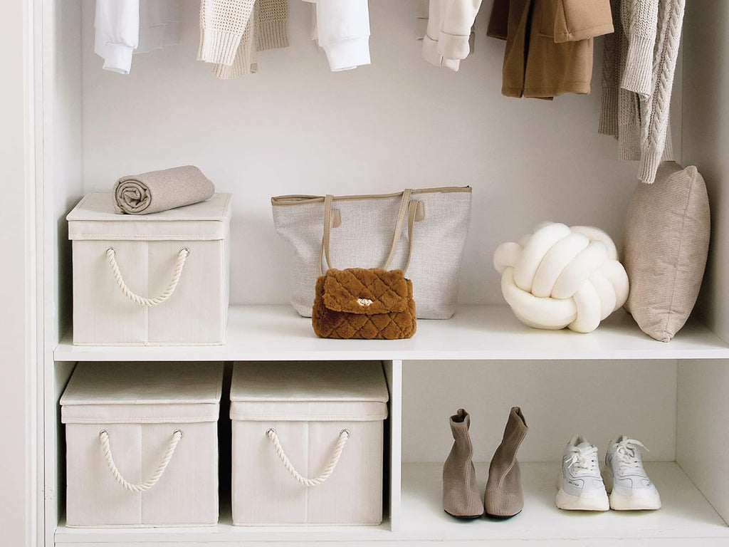 StorageWorks Storage Bins with Lids, Decorative Storage Boxes with Lid and Soft Rope Handles, Foldable Storage Baskets for Closet, Shelves, Stackable, Mixing of Beige, White & Ivory, Jumbo, 3-Pack