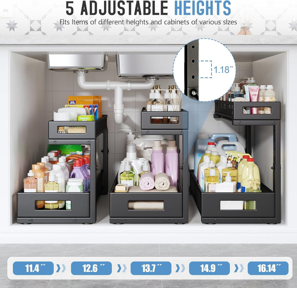 1 Pack 20.47IN Depth Under Sink Storage Organizer, Large 2-Tier Elegant Mesh Pull Out Shelf for Kitchen and Bathroom Cabinet Organization, L-Shaped and Adjustable Height Design-Black