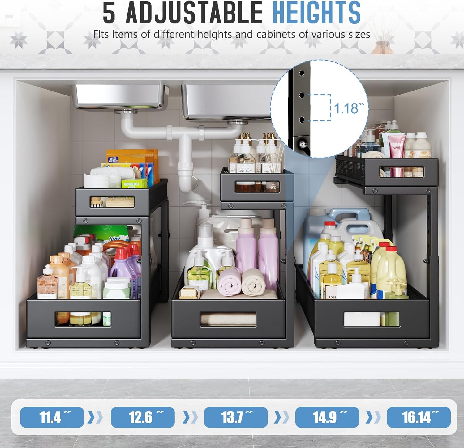 2 Pack 20.47IN Depth Under Sink Storage Organizer, Large 2-Tier Elegant Mesh Pull Out Shelf for Kitchen and Bathroom Cabinet Organization, L-Shaped and Adjustable Height Design-Black