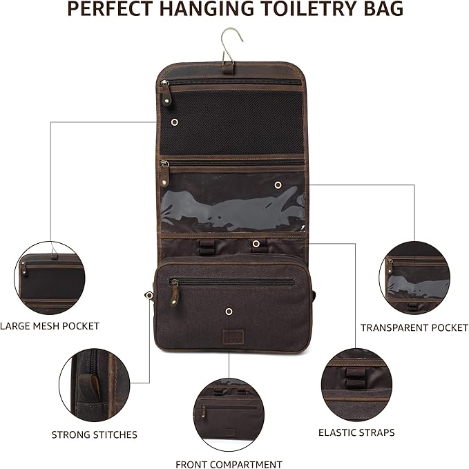 LEATHER VILLAGE Hanging Toiletry Bag for Men & Women, Handcrafted Vintage Cosmetic & Shaving Organizer Travel Dopp Kit- Brown