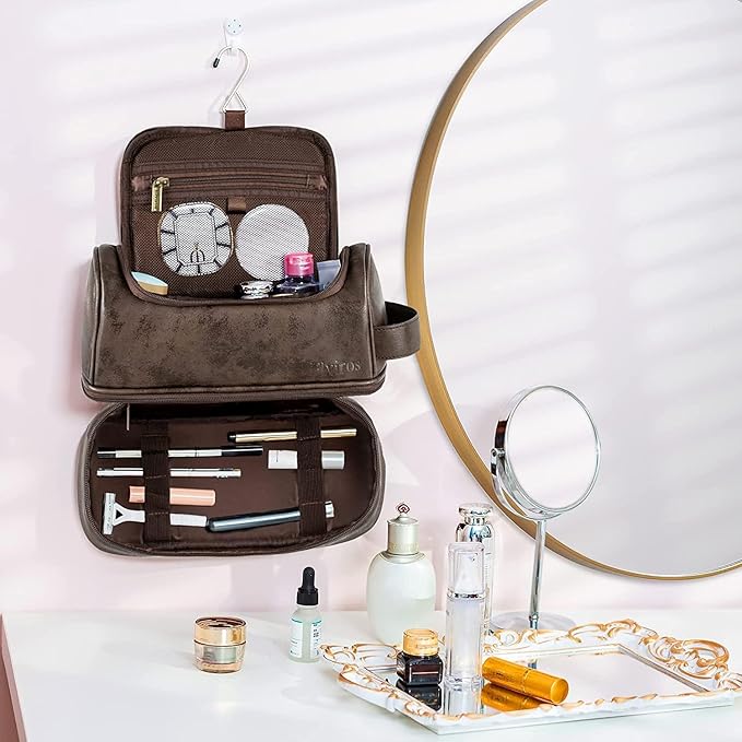 Elviros Toiletry Bag for Mens PU Leather Travel Organizer Kit with Hanging hook, Large Water-resistant Toiletries Bathroom Shaving Bags (Coffee)