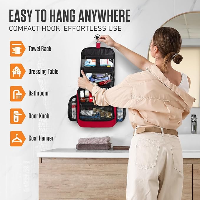 VENTURE 4TH Hanging Travel Toiletry Bag for Women & Men - Travel Organizer with Expandable Compartments & Removable Clear Pouch for Toiletries (Red)