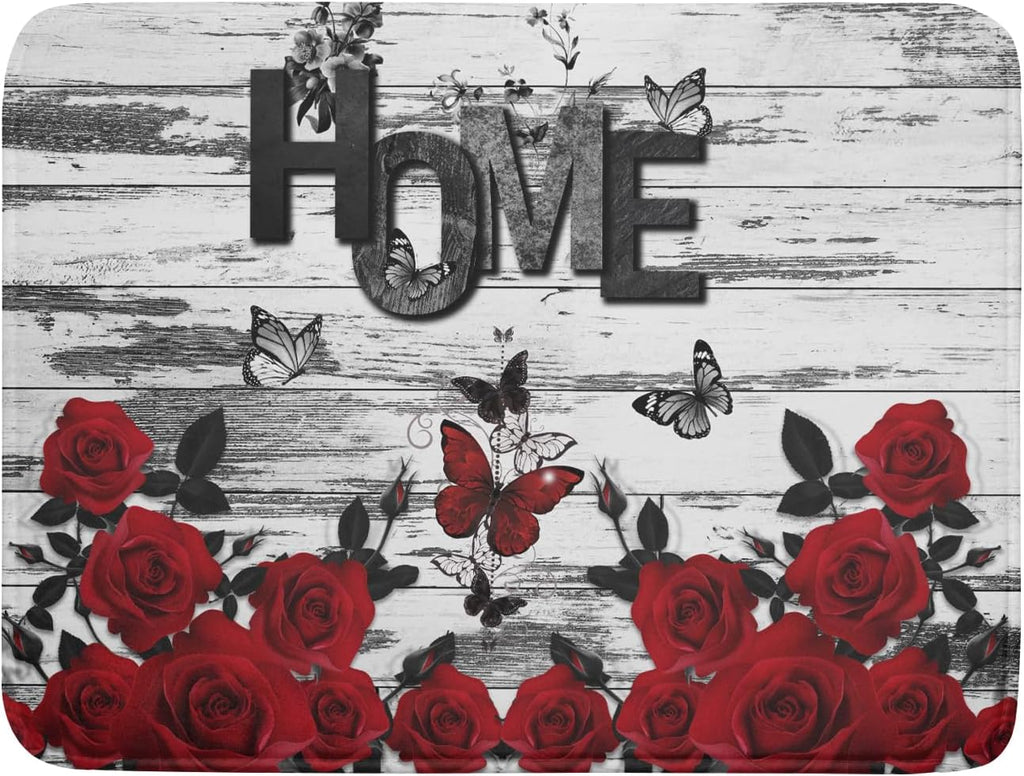 Red Rose Dish Drying Mat 18x24 inch Romantic Floral Absorbent Microfiber Sink Counter Dishware Drainer Pad for Kitchen Coffee Bar Decor
