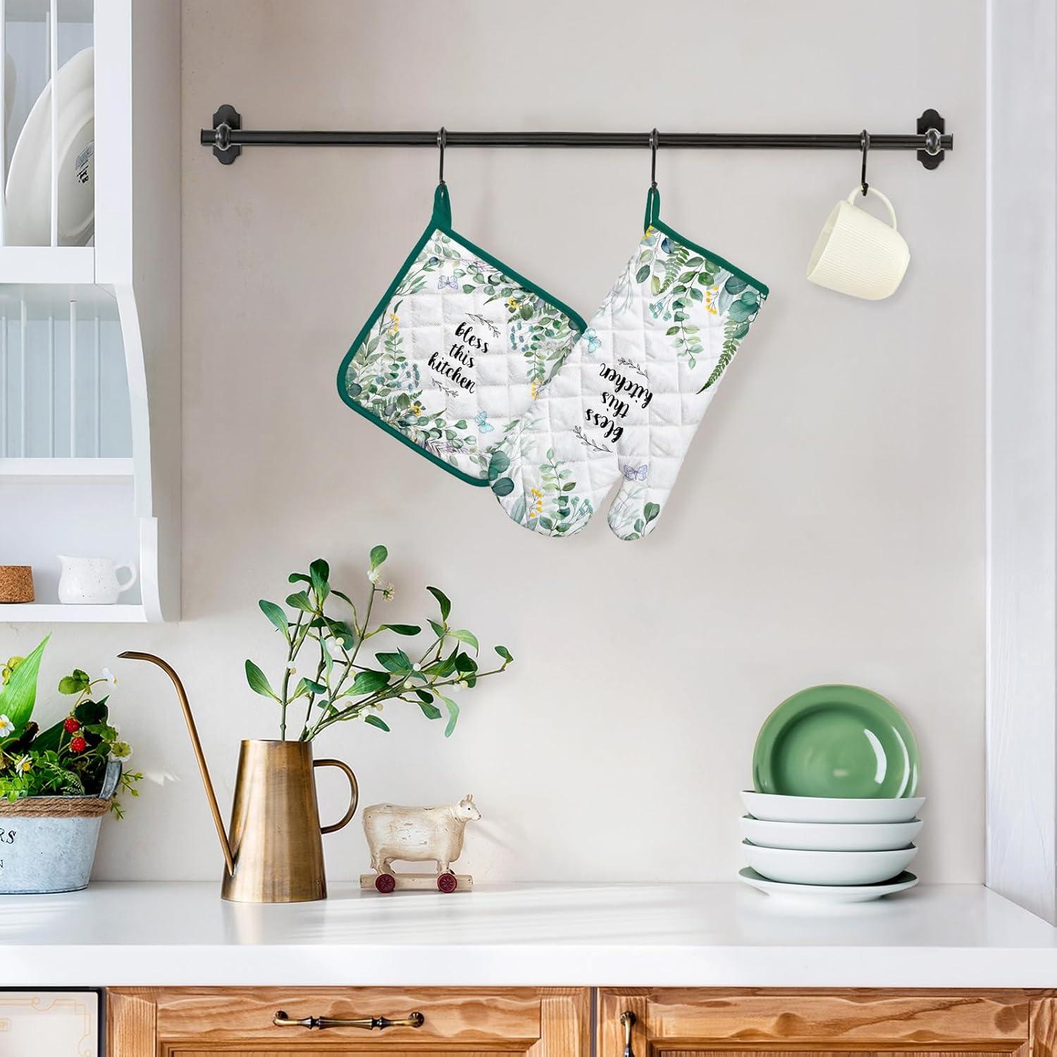 Eucalyptus Leaf Oven Mitts and Pot Holders Sets 2Pcs, 100% Cotton Heat Resistant, Extra Long Oven Gloves Potholder for Kitchen Cooking Baking Decoration