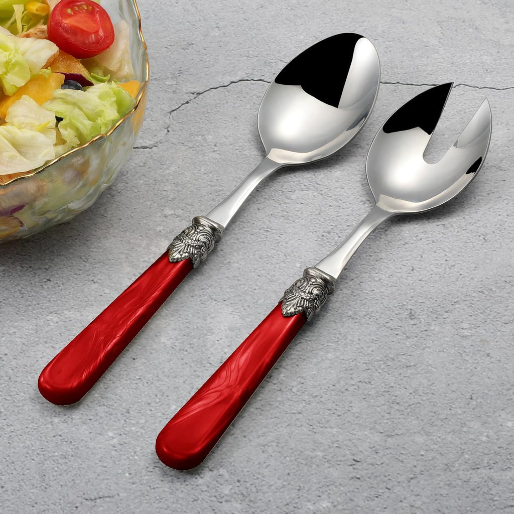 2-piece Salad Servers Stainless Steel Salad Serving Set Salad Fork and Spoon (Red)