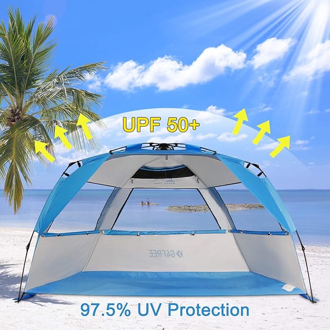 G4Free Easy Set up Beach Tent Deluxe XL, Pop up Sun Shelter for 3-4 Persons with UPF 50+ Protection Beach Shade with Extended Floor