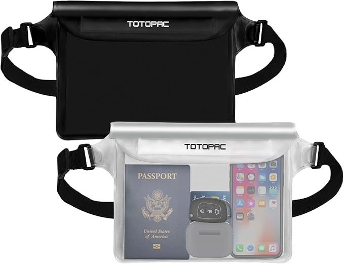2-Pack Waterproof Fanny Pack, Phone Pouch with Waist Strap, 9x6.7 Inch Dry Bag for Phone, Cash, and Valuables – for Swimming, Kayaking, Boating, Snorkeling, and Water Sports (2, Black + White)