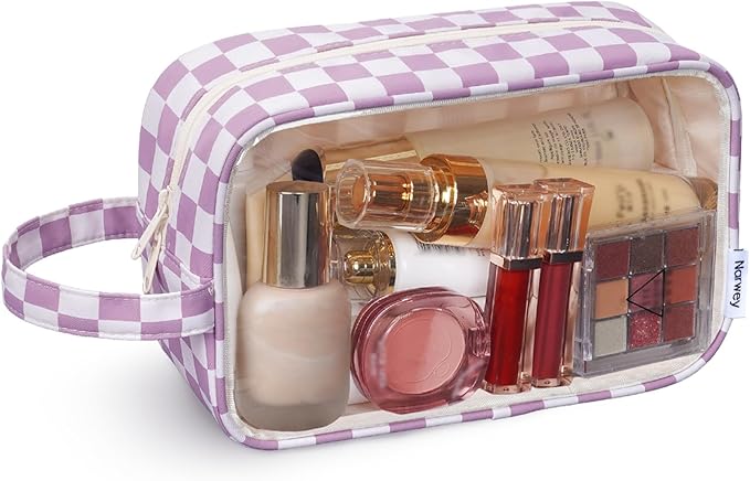 Narwey Checkered Clear Makeup Bag Cosmetic Bag with Zipper for Travel, Clear Toiletry Bags for Traveling Toiletries Women Men, Make Up Pouch with Handle, Skincare Bag (Purple Checkerboard)