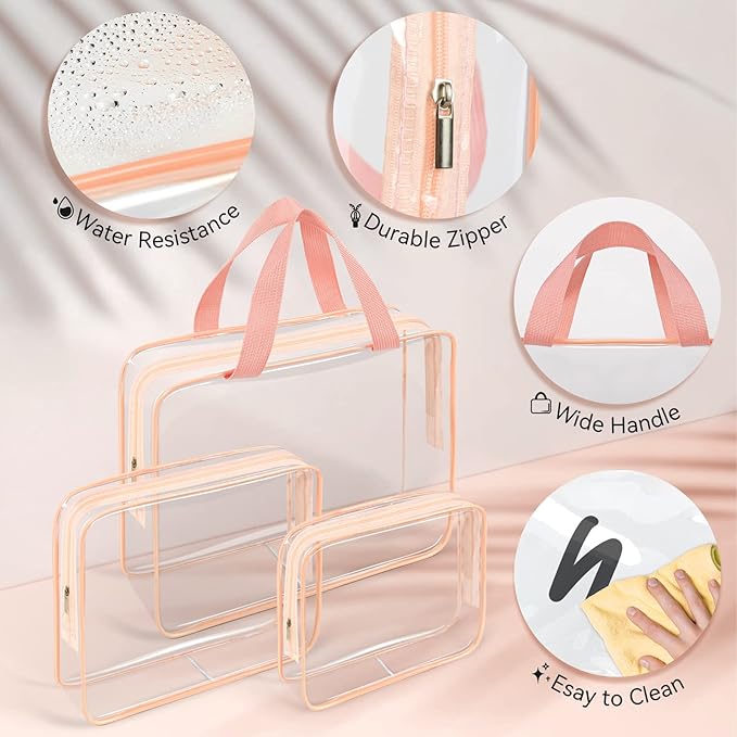 TISRATOK 10 PCS Clear Travel Makeup Toiletry Bag, Plastic PVC Cosmetic TSA Approved Organizer Kit with Zipper Handbag（Pink）