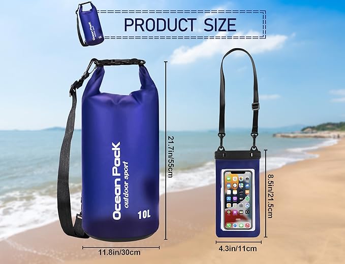 2 Pieces Waterproof Dry Bag for Women and Men, 10L Roll Top Waterproof Backpack Sack with Waterproof Phone Case, for Hiking, Backpacking, Kayaking, Camping, Swimming, Boating(Dark blue)