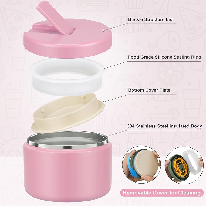 12oz Food Thermo for Hot Food Insulated Vacuum Soup Jar with Buckle Lid, Stainless Steel Wide Mouth Leak Proof Lunch Container