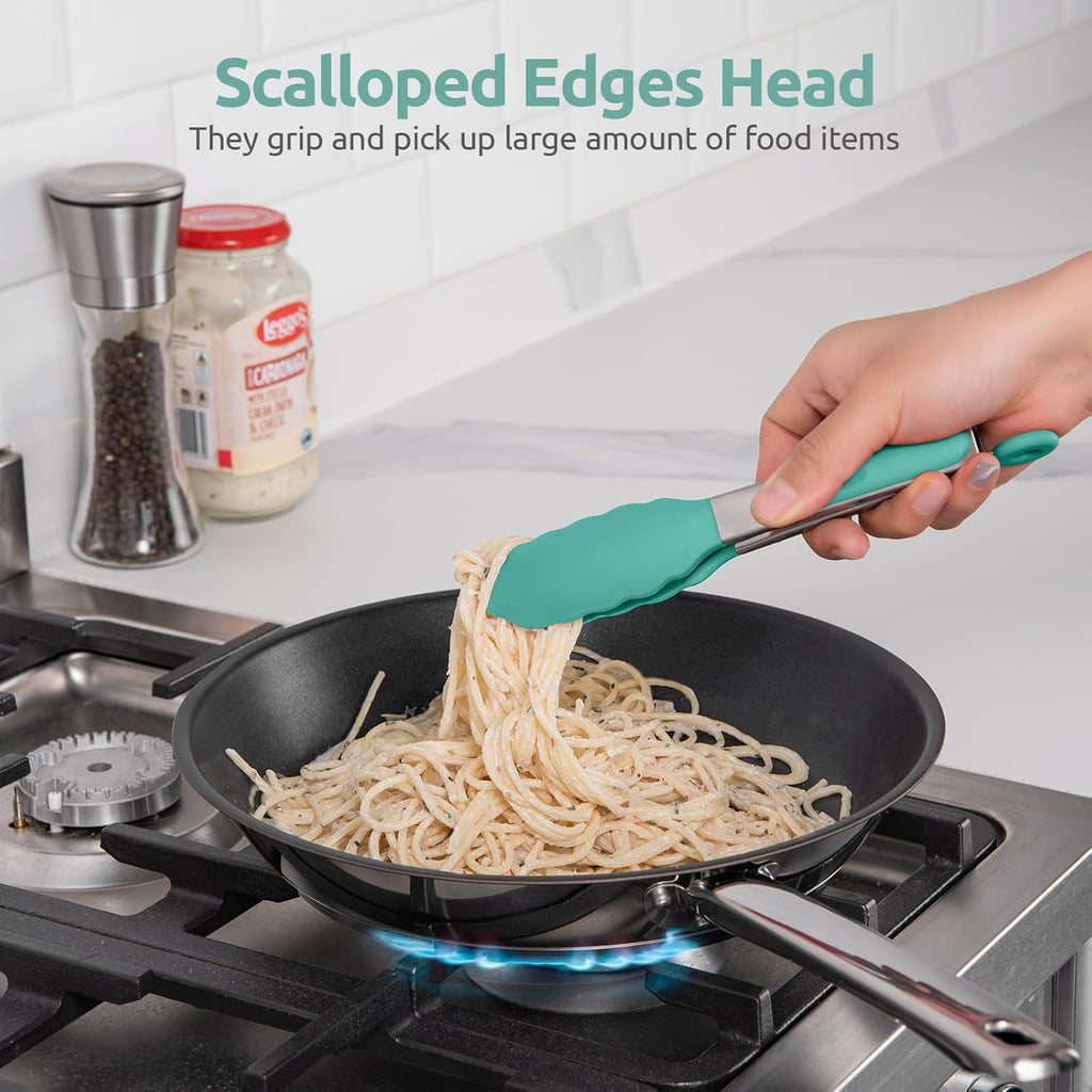 480ºF Heat Resistant Kitchen Tong: U-Taste 7in Silicone Cooking Tong with Firm Sealed Non Stick Rubber Tips & Silicon Coated 18/8 Stainless Steel Handle & Smooth Locking for Serving Salad (Aqua Sky)