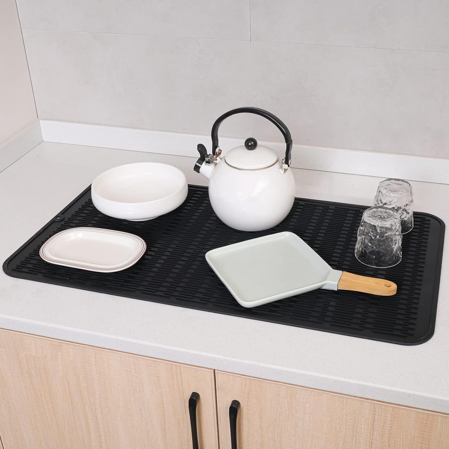 Silicone Dish Drying Mat for Multiple Usage,Easy clean,Eco-friendly,Heat-resistant Silicone Mat for Kitchen Counter or Sink,Refrigerator or Drawer Liner Black 4XL 32 inches x 18 inches