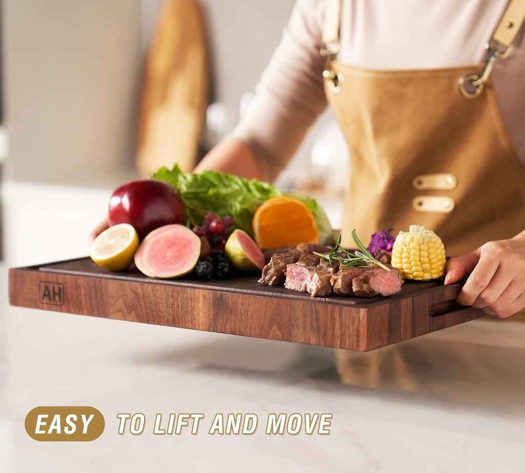 AZRHOM Large End Grain Walnut Wood Cutting Board 17x13x1.5 in Thick Butcher Block for Kitchen with Non-slip Mats Juice Groove & Handles (Gift Box)