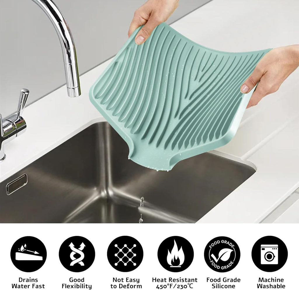 Silicone Dish Drying Mat for Kitchen Counter, Dish Drying Pad, Non-Slip Drain Pad with Built-in Drain, Heat Resistant Stone Drying Mat, 3 pcs (Mint)