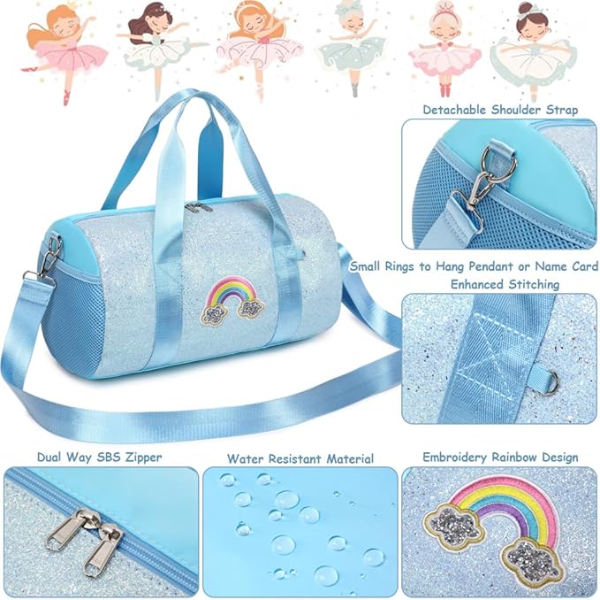 Dance Bag for Girls Rainbow Ballet Bag Shiny Glitter Ballerina Duffle Bag for Girls Crossbody Gym Duffle Bag with Waterproof Wet Pocket