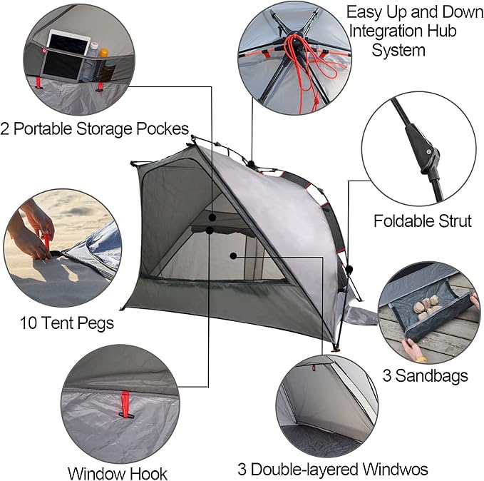 apollo walker Beach Tent Sun Shelter 3-4 Person Easy Setup Portable Sunshade Canopy Large,Extended Floor,Stakes,Sand Pockets,UPF 50+ Waterproof Windproof Outdoor Camping Fishing Picnic