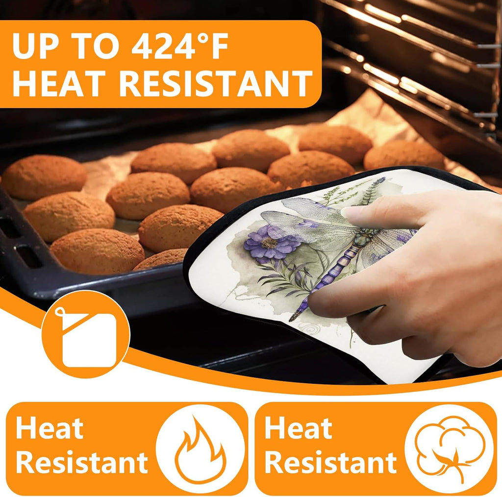 Dragonflies Oven Mitts and Pot Holders Sets 4Pcs,Extra Long Oven Gloves Potholder for Kitchen Cooking Baking BBQ 100% Cotton Heat Resistant