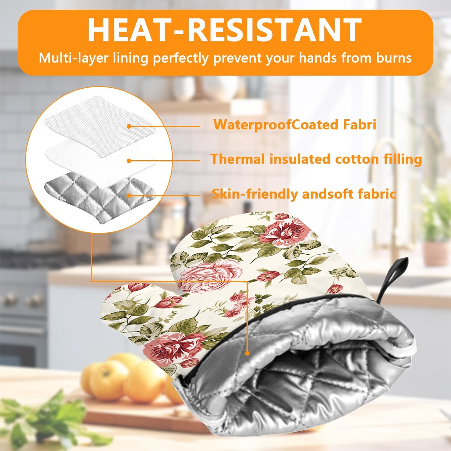 Red Rose Oven Mitts and Pot Holders Sets 4Pcs,Extra Long Oven Gloves Potholder for Kitchen Cooking Baking BBQ 100% Cotton Heat Resistant