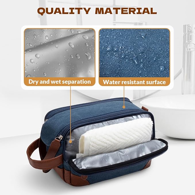 Travel Toiletry Bag for Men - Canvas Toiletries Bag with Multiple Pockets Large Hanging Dopp Kit Travel Bag for Toiletries Essentials Accessories - Navy Blue