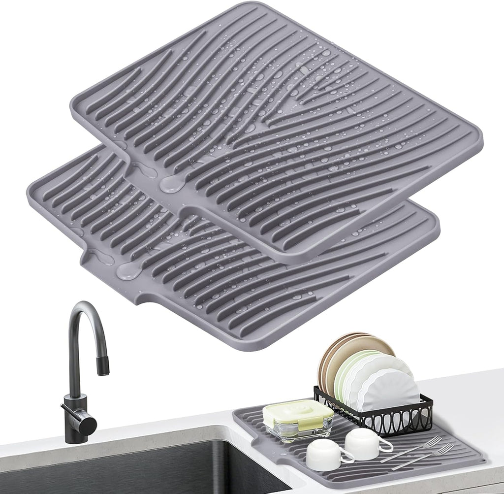 Dish Drying Mat, Stone Drying Mat for Kitchen Counter with Built-in Drain, Non-Slip Drying Matt Kitchen Counter, Heat Resistant Silicone Drying Mat, 2 Pcs(15.8"X 13", Grey)