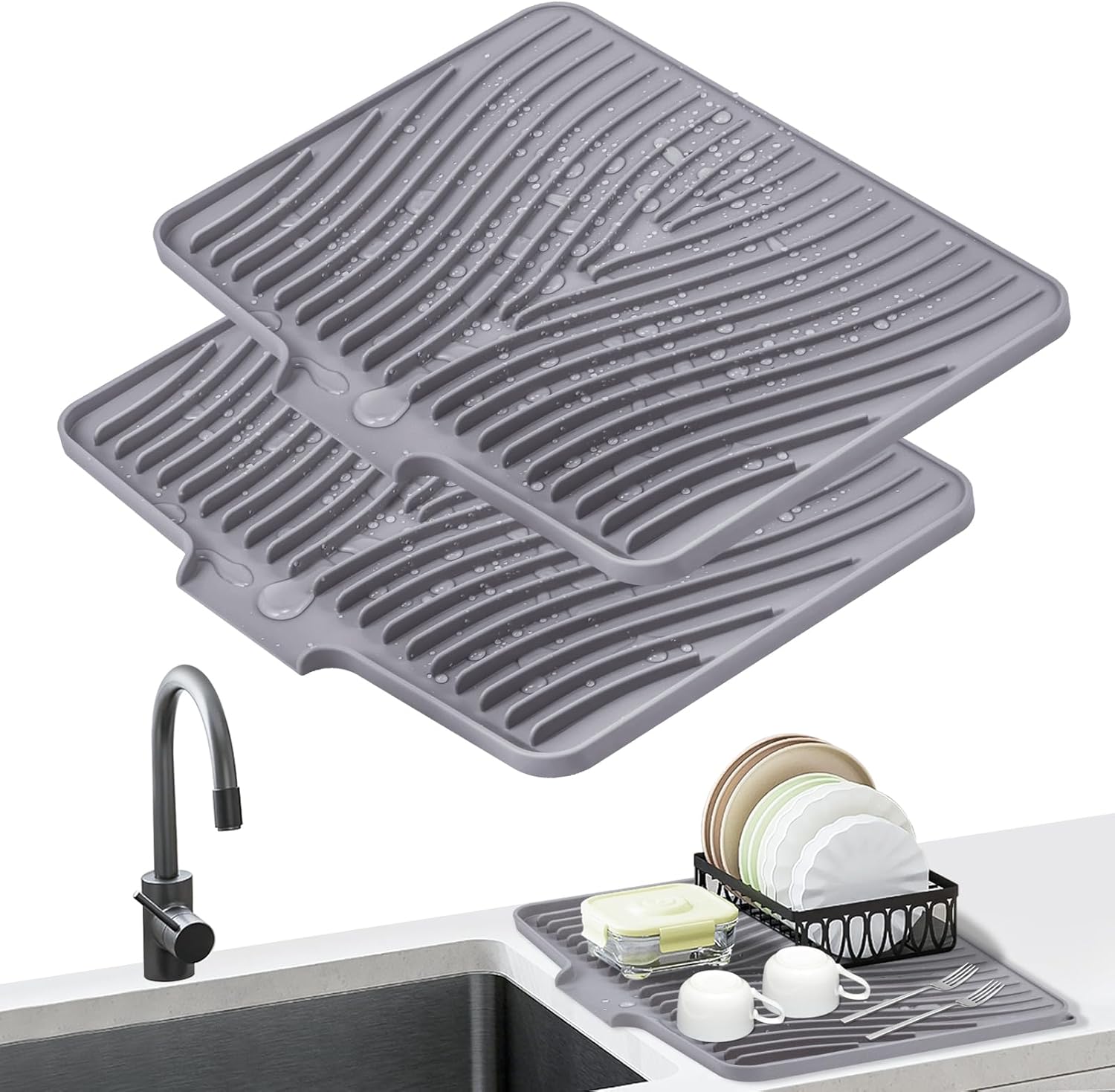 Dish Drying Mat, Stone Drying Mat for Kitchen Counter with Built-in Drain, Non-Slip Drying Matt Kitchen Counter, Heat Resistant Silicone Drying Mat, 2 Pcs(15.8"X 13", Grey)