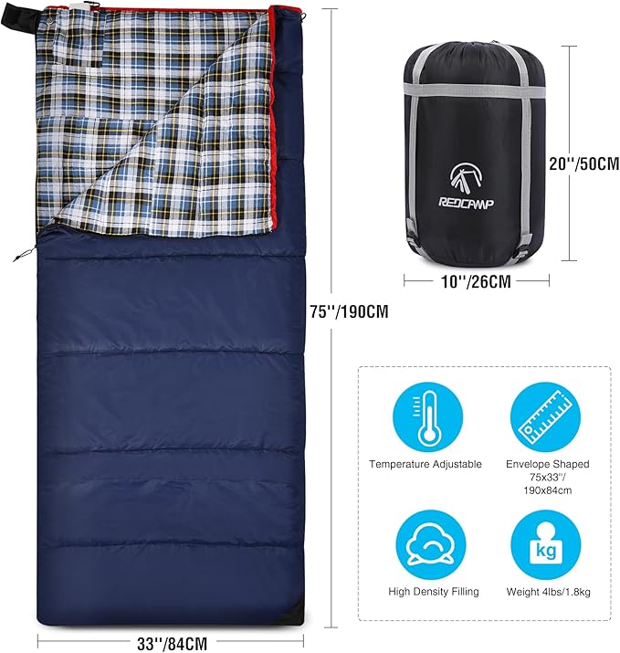 REDCAMP Cotton Flannel Sleeping Bag for Camping Backpacking, Adults Cold Weather Envelope Sleeping Bags with 2/3/4lbs Filling