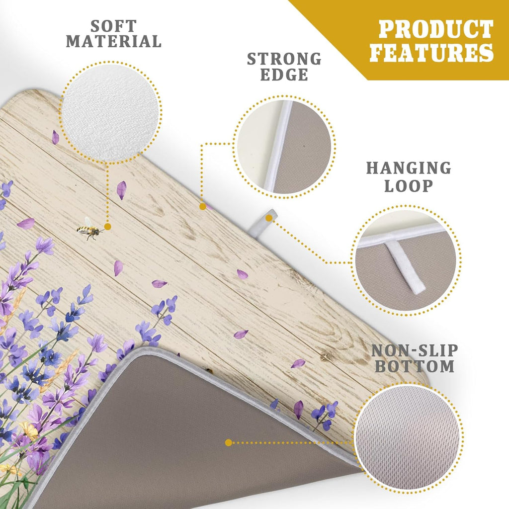 Lavender Floral Dish Drying Mat 18x24 inch Spring Summer Flower Decorative Fast Dry Dishes Drainer Mats Reversible Washable Dish Rack Pad