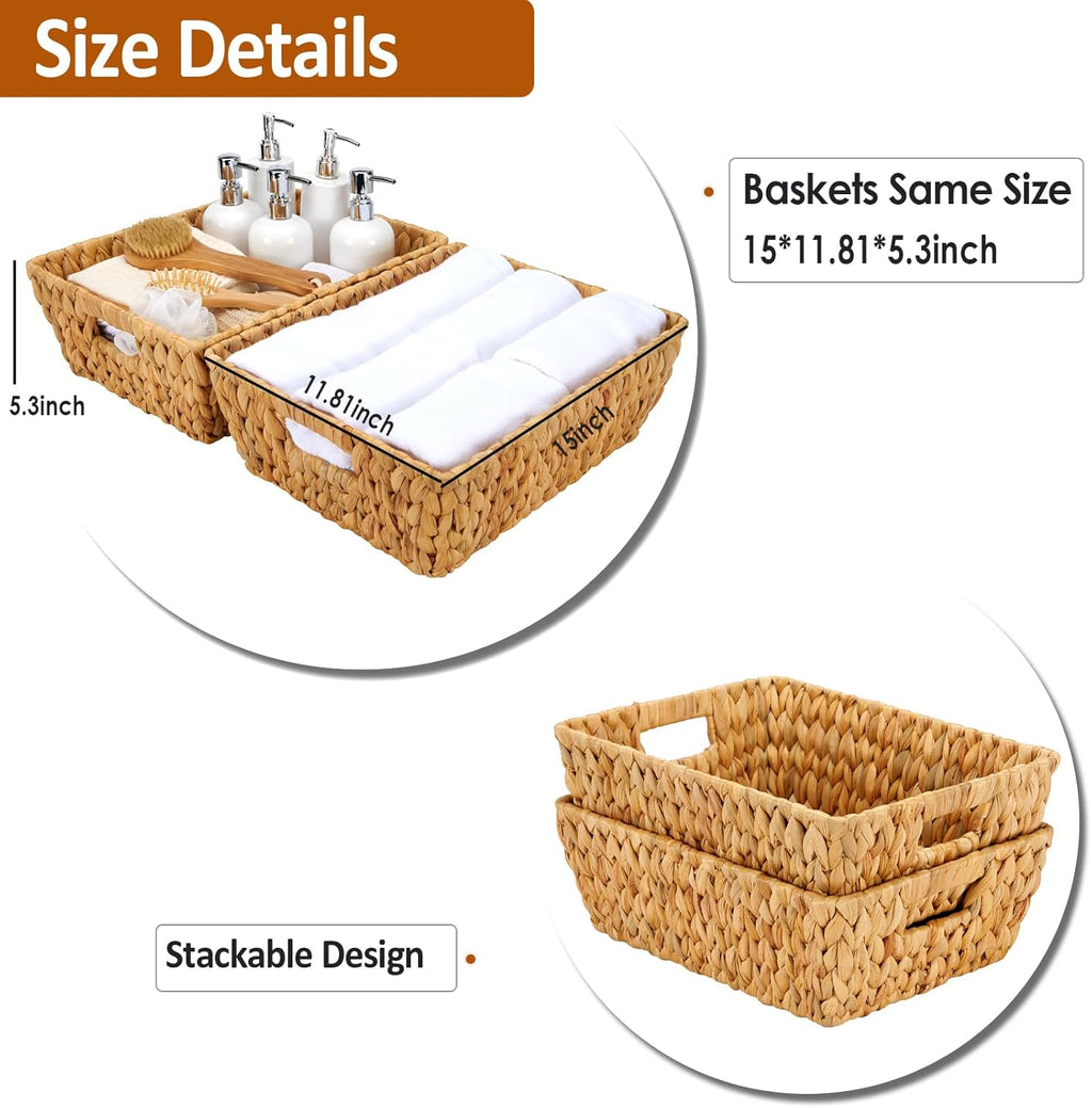 Water Hyacinth Wicker Baskets 2 Pack, Large Storage Basket With Handles for Organizing, Handmade Natural