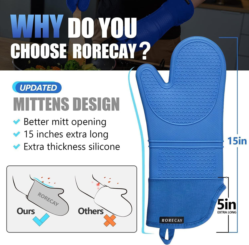 Rorecay Extra Long Oven Mitts and Pot Holders Sets: Heat Resistant Silicone Oven Mittens with Mini Oven Gloves Hot Pads Potholders for Kitchen Baking Cooking, Quilted Liner, Pack of 6 (Lake Blue)