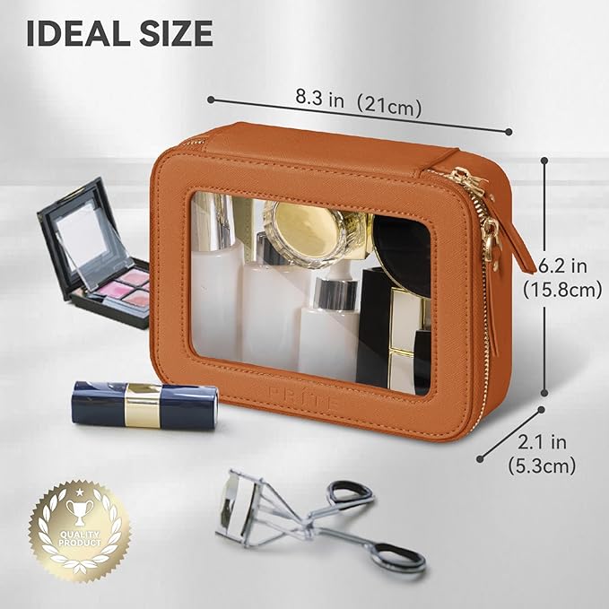 Prite Clear Makeup Bag Cosmetic Organizer Case Waterproof Travel Toiletry Bag Skincare Pouch with Golden Zipper(Brown)